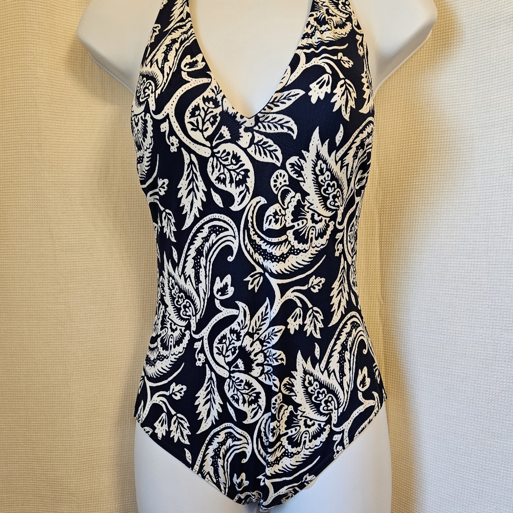 Lands End Womans One Piece Swimsuit Size 6 Paisley Navy Ivory FF22